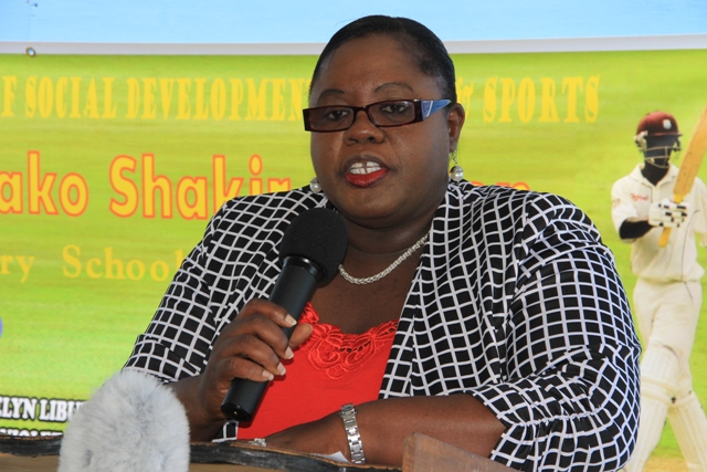Junior Minister in the Ministry of Youth and Sports Hon. Hazel Brandy-Williams delivering remarks at the opening ceremony of the Runako Shakir Morton Primary School Cricket League at the Cotton Ground Playfield on June 23, 2016